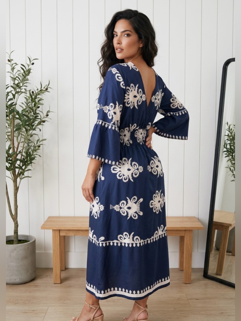 NWOT  SHEIN XXL Navy Blue Boho
Embroidered Midi Dress Bell
Sleeve V-Neck